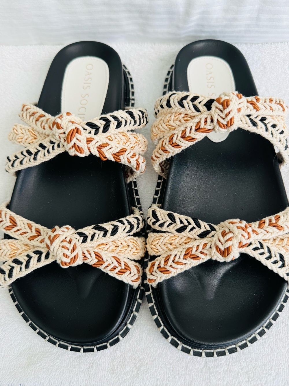 Oasis Society Braided Double-Strap Slide Sandals in Black, Cream & Tan - Picture 2 of 6